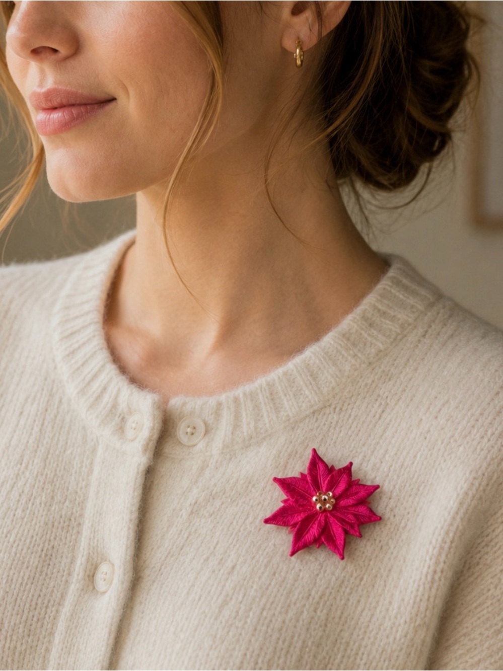 Anne Koplik  Red Poinsettia Brooch with gold accents